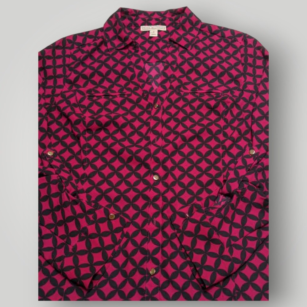 Dana Buchman Women's M Pink & Navy Blue Diamond Print Button Blouse V Neck Top